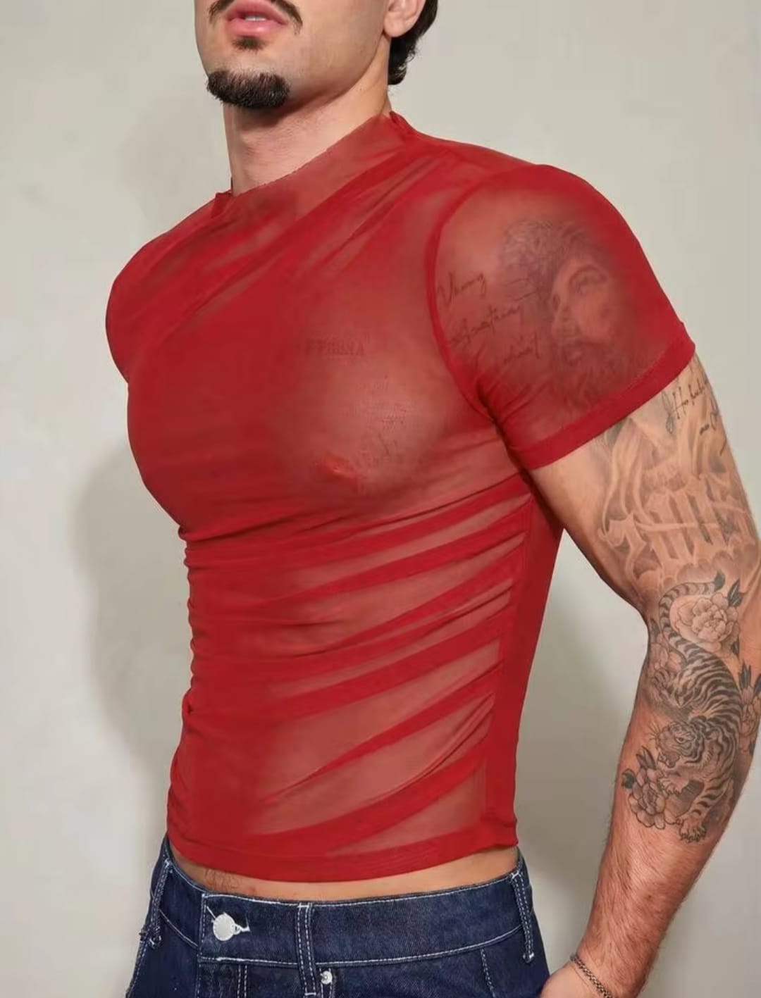 Men's Red Sheer Mesh Short Sleeve Muscle Fit Ruched T-Shirt